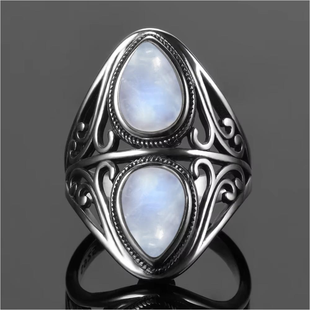 Vintage 925 Sterling Silver Natural Moonstone Rings Bohemia Oval Shape Retro Ring Gifts Fine Jewelry for Women Men