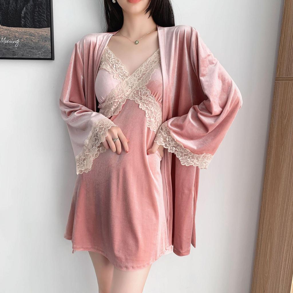 Autumn & Winter Sexy Gold Velvet Pajamas - Women's Lace Camisole Nightdress