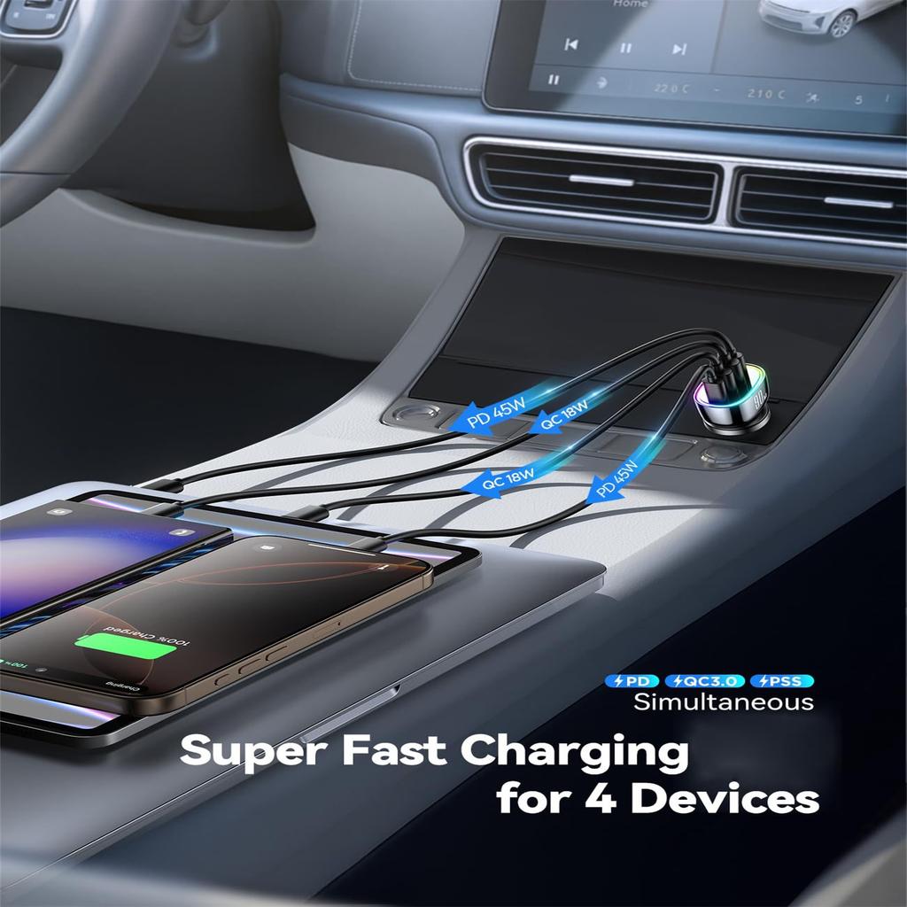 Car Charger USB C, 4 Port Car Charger Adapter For Phone Fast Charging, Road Trip Fast Lighter Adapter