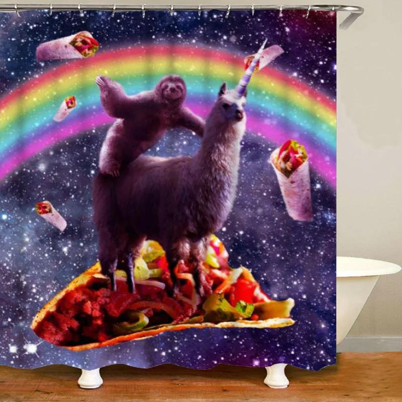 Zabawne Zwierzęta Zasłona Prysznicowa,Fajna Leniwiec Jedzący Jednorożca w Kosmosie Zasłona Prysznicowa,Tkaninowa Fantazyjna Zasłona Prysznicowa do Łazienki z Haczykami