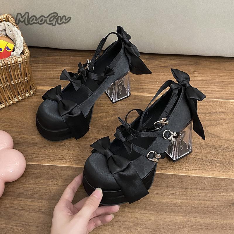 Fashion Elegant Woman Lolita Shoes Cute Sweet Satin High Heels Butterfly-knot Platform Transparent Chunky High Heel Pumps White Black 35
