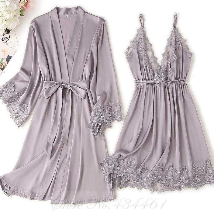 Black Lace Trim 2PCS Robe Nightgown Set Spring Summer Women Sleepwear Nightdress Sexy Bathrobe Underwear Loose Satin Home Wear
