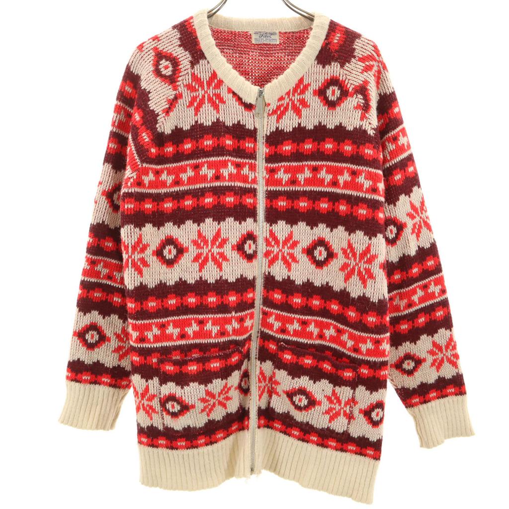 Vintage 70s Sepapoke Nordic Pattern Long Sleeve Zip Up Cardigan Red Women Used