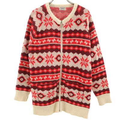 70er Sepapoke Nordisches Muster Langarm Reißverschluss Strickjacke Rot Damen Gebraucht