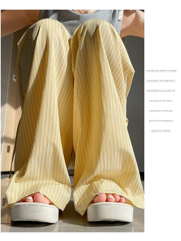Cross-Border Vertical Stripe High-Waisted Wide-Leg Pants - Summer Straight Loose Casual Floor-Length Design.