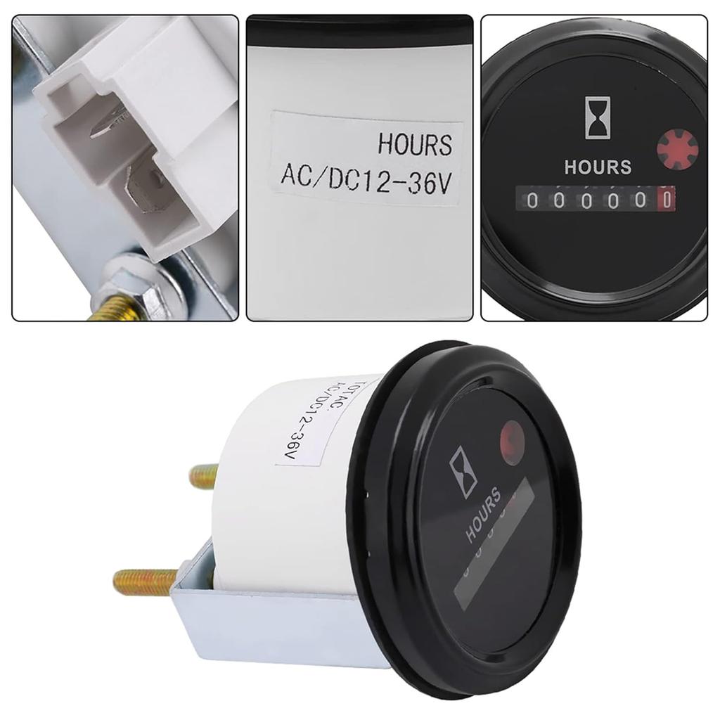 Quartz Hour Meter, 12-36V DC AC Mechanical Round Hour Meter Waterproof Hour Gauge for Boat Auto Snowmobile Lawn Tractors Generators Car Truck Engine