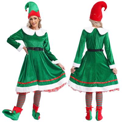Womens Christmas Elf Costume Velvet Santa Helper Cosplay Fancy Dress Outfits Xmas Festive Suit