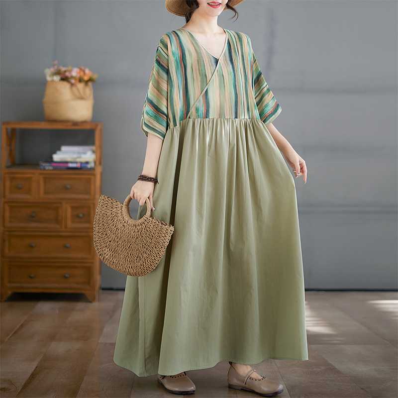 Cotton and Linen Summer Patchwork Retro Style Dress Long Skirt