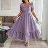 European and American Large-size Summer New Temperament Elegant Square Neck Plaid Bubble Sleeve Medium and Long Dress