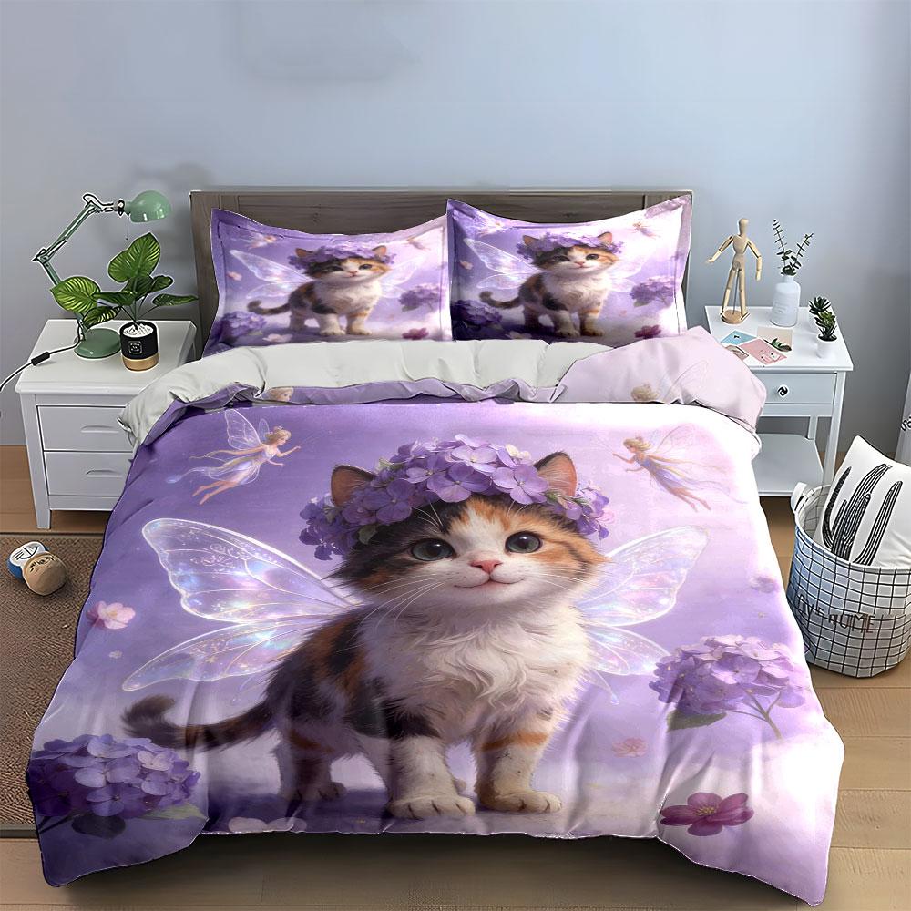 Whimsical Fairy Cat Decor Set  Kid'S And Adults' Bedroom Decor, Exquisite Three-Piece Bedding Set Gift