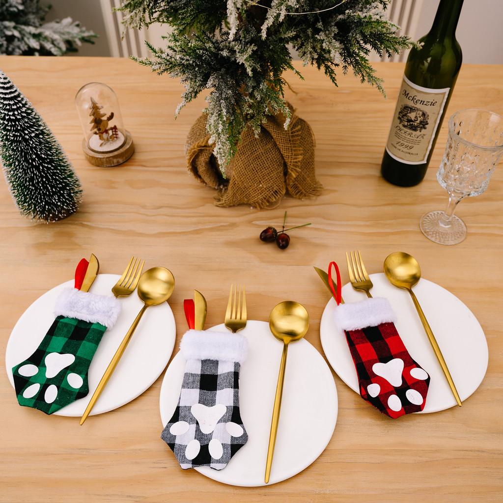 Adorable Christmas Plush Border Plaid Cat Paw Print Fork And Knife Set Table Decor