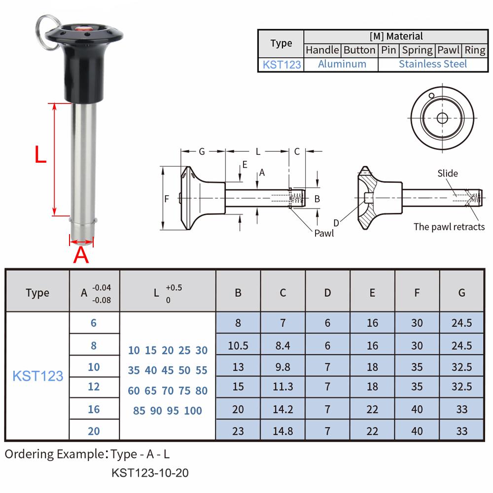 

KST123 Диаметр 6/8/10/12/16/20 мм Штифт из нержавеющей стали Алюминиевая рукоятка Красная/синяя кнопка Быстросъемный Осевой штифт с фиксатором-защелкой С кольцом A8-L10mm красный