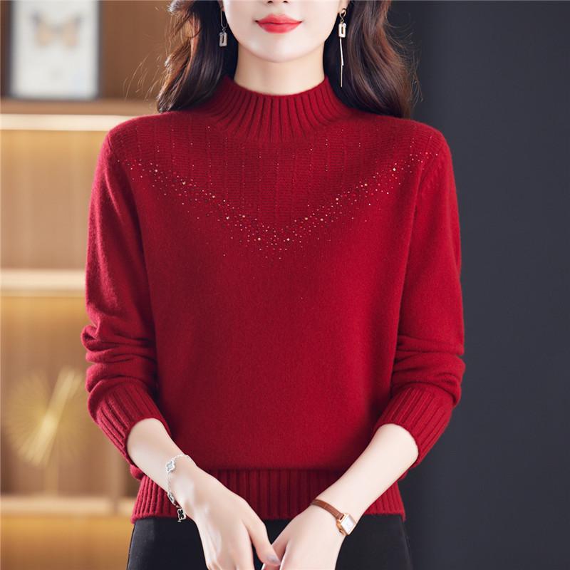Women's Thick 100% Pure Wool Half-High Collar Sweater - New Autumn/Winter Style for Middle-Aged and Elderly