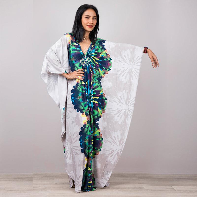 2022 Print Cover-ups Sexy Hand Weaving Deep V-neck Summer Beach Dress Tunic Kaftan Women Beachwear Swimsuit Cover Up Robe De Plage Q1289