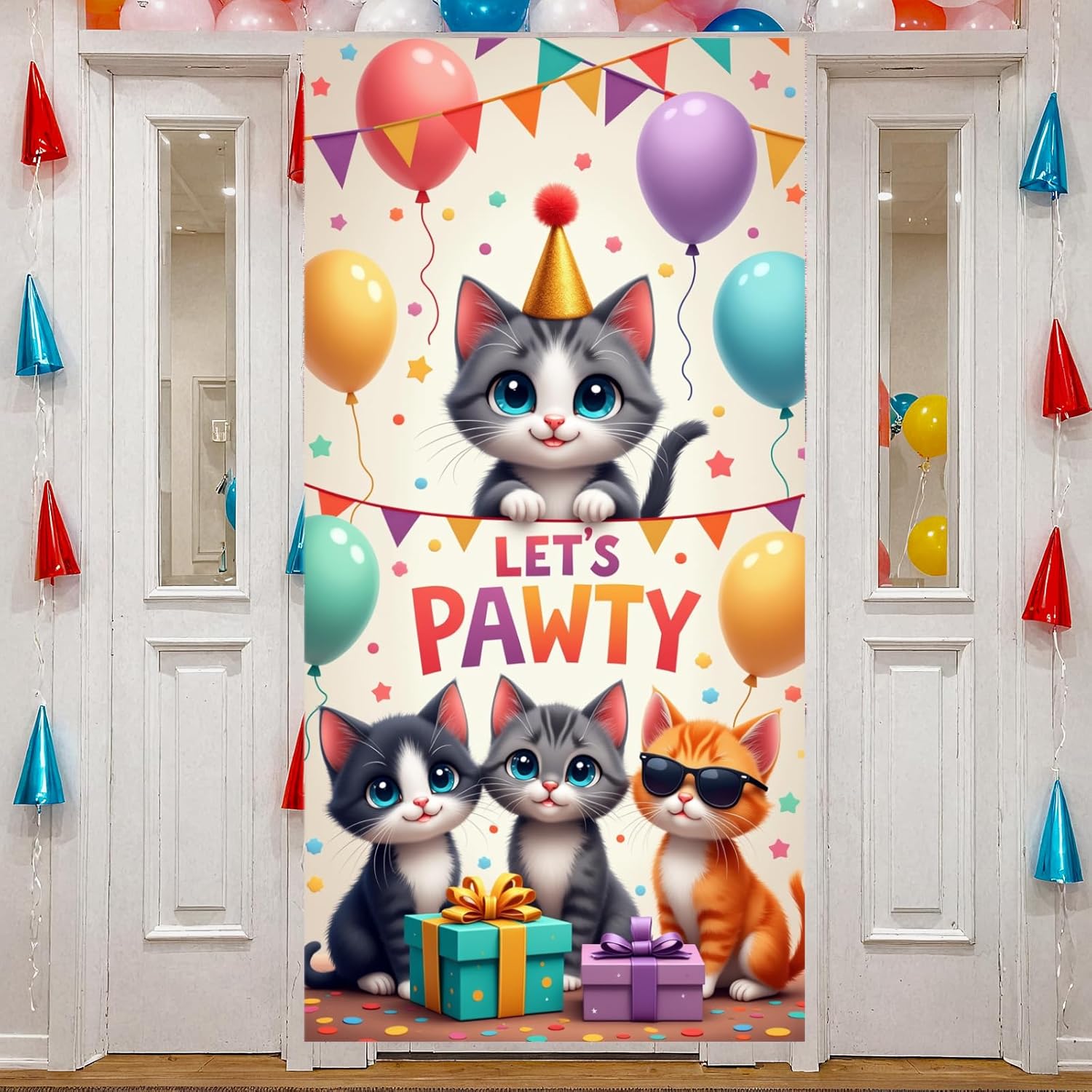 Cat Birthday Decorations Door Cover Banner Colorful Kitten Balloons Let s Pawty Happy Birthday Backdrop for Cat Lover Kitty Cats Pawty Bday Party