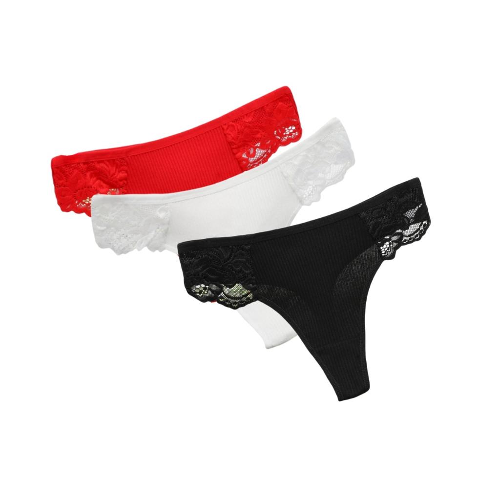 3Pcs/Set Women Cotton G-string Panties Female Underpants Breathable Underwear Solid Color Thongs Lace Trim Comfort Sexy Lingerie