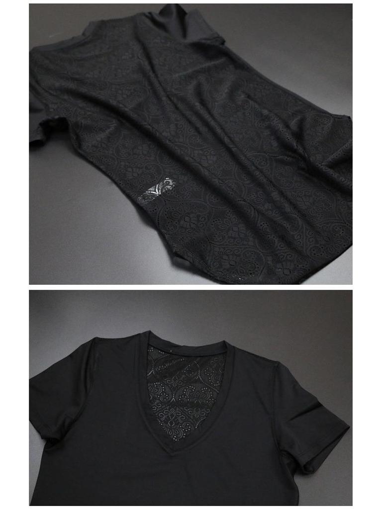 Korean Lace Yoga T-Shirt: Quick-Dry, V-Neck, Short Sleeves for Women