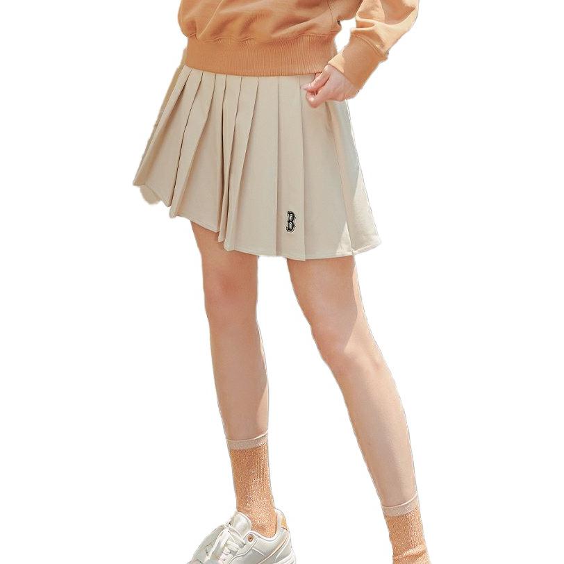 MLB Boston Red Sox Solid Logo Embroidered Preppy Pleated Casual Skirt Women skirts Light-Beige 3FSKG0134-43BGL