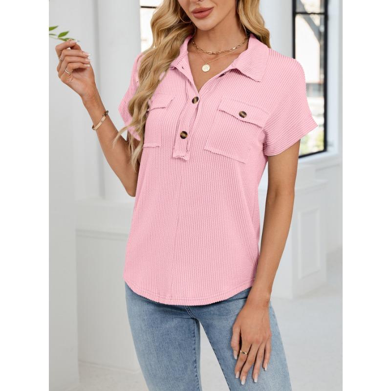 Summer New Women's Lapel Pocket Short-sleeved Solid Color T-shirt Casual Versatile Top