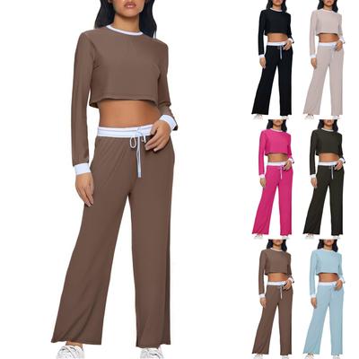 Women's Fall Two Piece  Outfits Long Sleeve Tops Tee Shirts Wide Leg Pants Sets