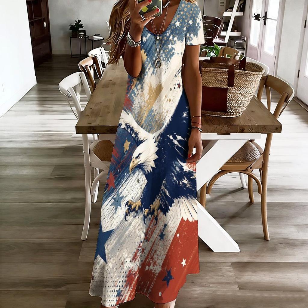 Women Plus Size V Neck Short Sleeve American Eagle Flag Printed Straight Maxi Dress