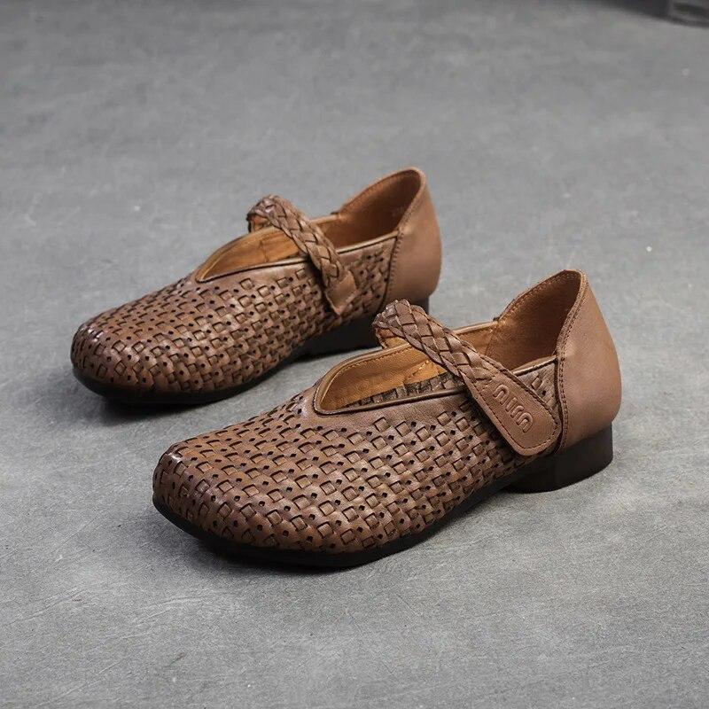 Johnature Bombas Retro Cuero Genuino Suela Suave Gancho y Lazo Cómodos Zapatos de Mujer Versátiles