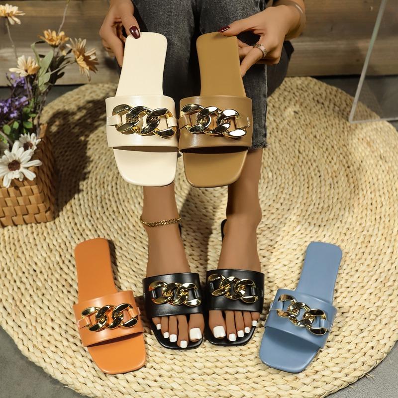 Nowe Modne Damskie Kapcie Kwadratowy Nosek Kapcie z Łańcuchem Płaskie Sandały typu Slide Klapki na Plażę Metalowa Dekoracja Buty Codzienne