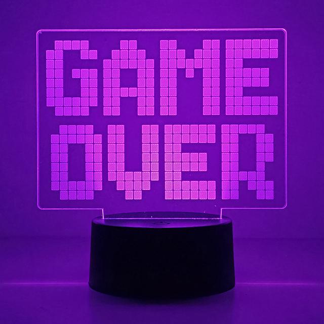 Gameover 3D Night Lamp Gaming Room Desk Setup Lighting Decor on The Table Game Console Icon Logo Sensor Light for Kids Gift