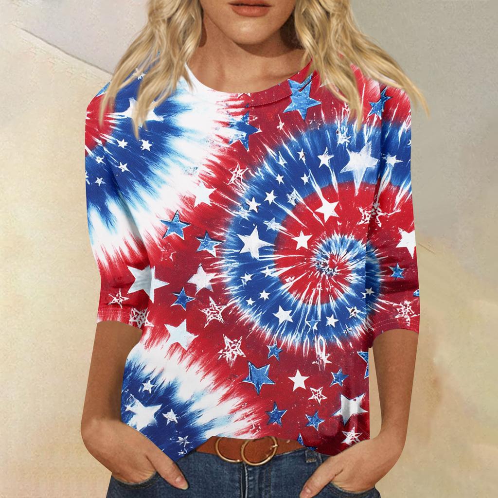 Women's Fashion Casual Seven-Sleeve Independence Day Print Round Neck Top
