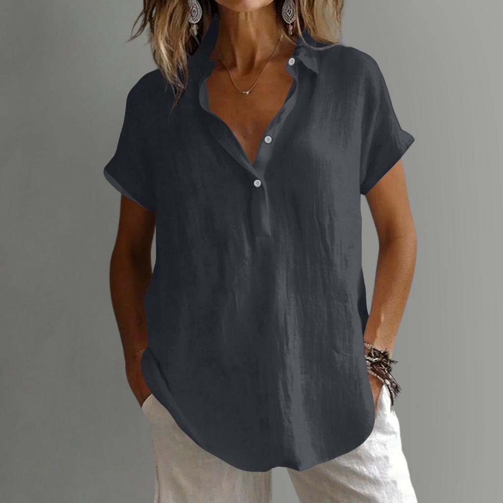 Women's Loose-Fit -Color Cotton-Linen Shirt: Casual Short-Sleeve Top