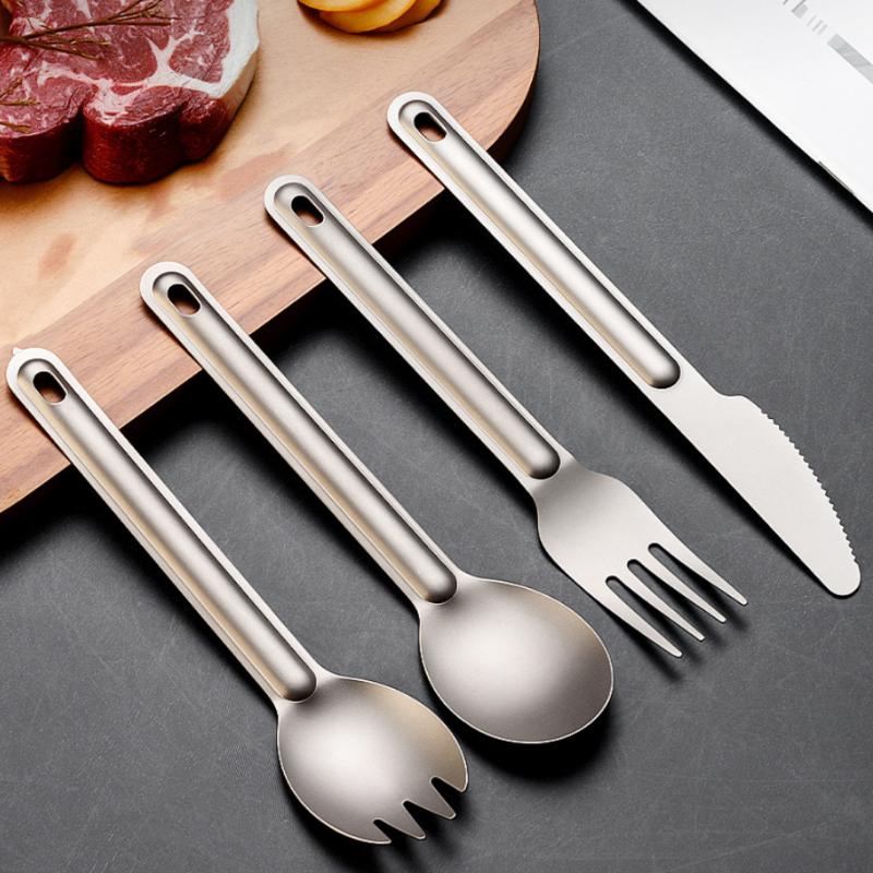 1/4Pcs Portable Camping Titanium Metal Long Handle Anti Scalding Anti-slip Spoon Fork Light Weight Tableware