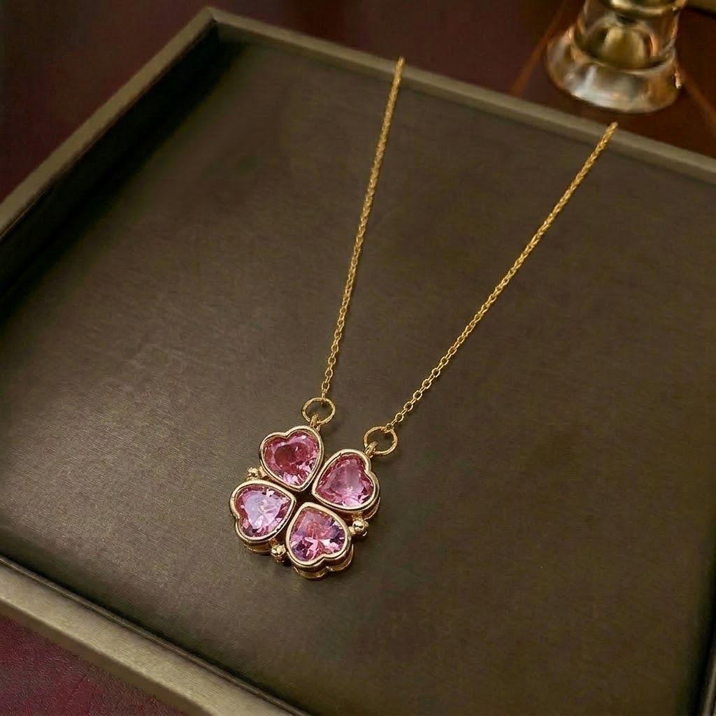 Women's Heart-Shaped Necklace with Four-Petal Flower, Cubic Zirconia, Titanium Steel Clavicle Chain - Elegant and Versatile Accessory