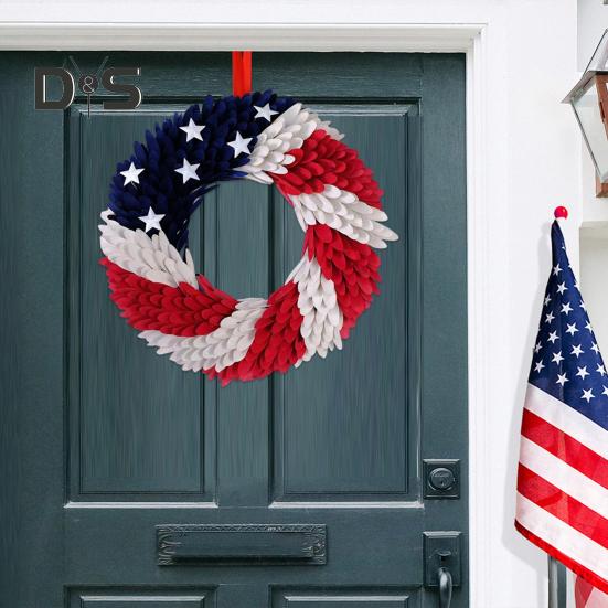 USA Independence Day Patriotic Wreath Red White Blue US Flag Wreath Front Door Wall Hanging Garland Pendant 4th of July Festival Decoration