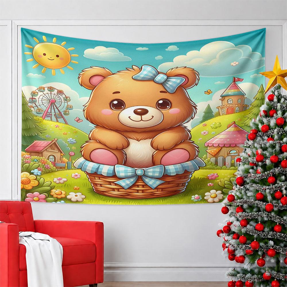 Cute Teddy Bear in Basket Illustration Pattern Wall Hanging Tapestry Decorative Tapestry Home Decor for Bedroom and Living Room