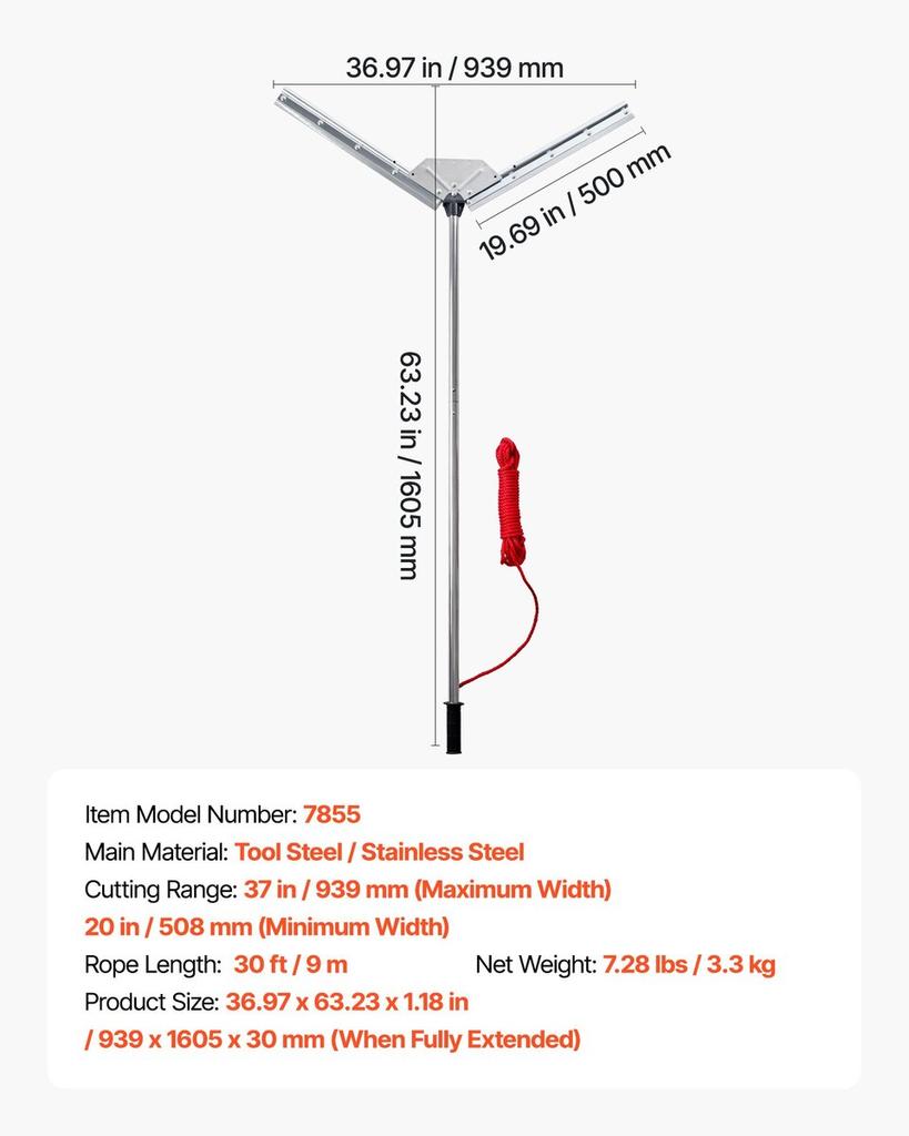Lake Weed Cutter, Pond Aquatic Plant Cutting Tool with 0.94 m Max. Cut Width, Sharp and Heavy-Duty Steel Blades, Pond Rake with 9 m Throw Rope, for