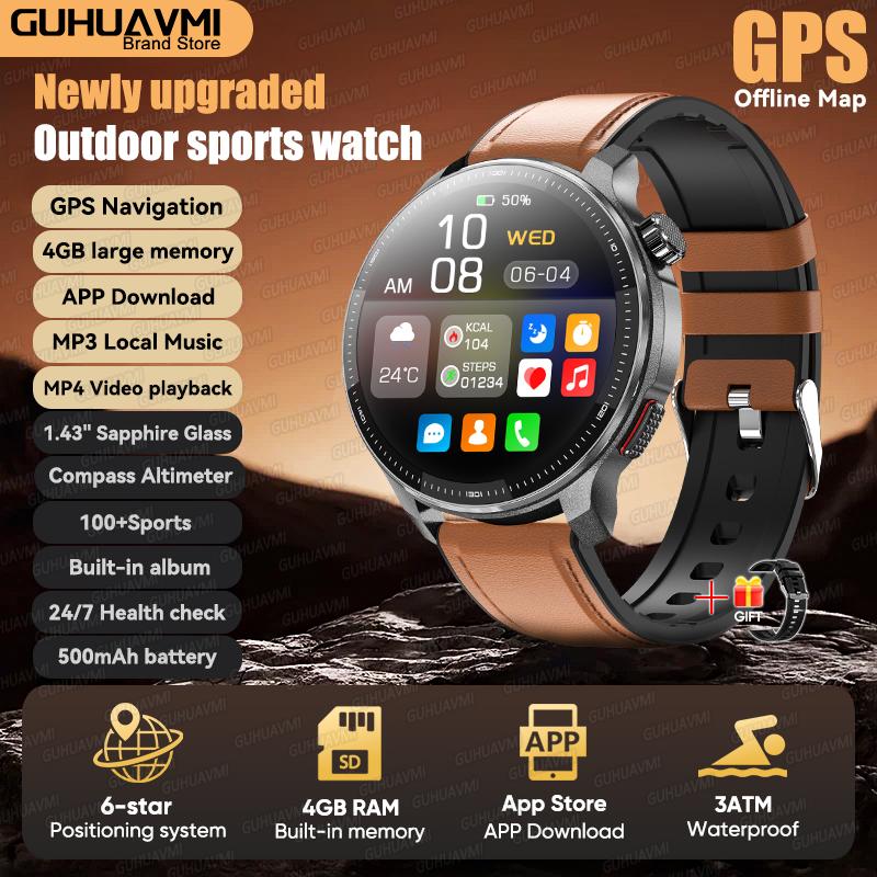 New Outdoor GPS Offline Map Sports Smart Watch Compass Altimeter 4GB Memory Video Music Playback Waterproof Smartwatch Men
