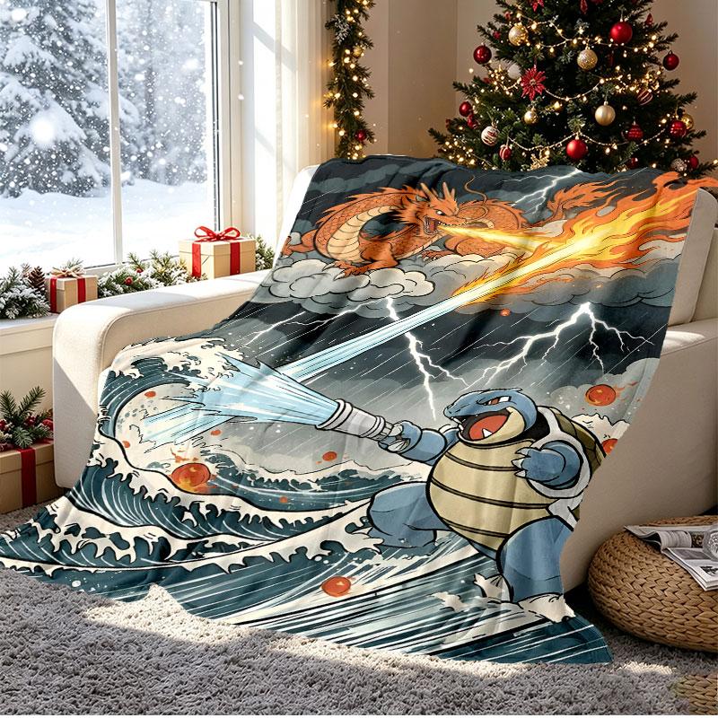 Charizard VS Blastoise Pattern Blanket for Home Decoration, Bed, Sofa, Car Travel, Camping, Suitable for All Seasons, Birthday Christmas Gift
