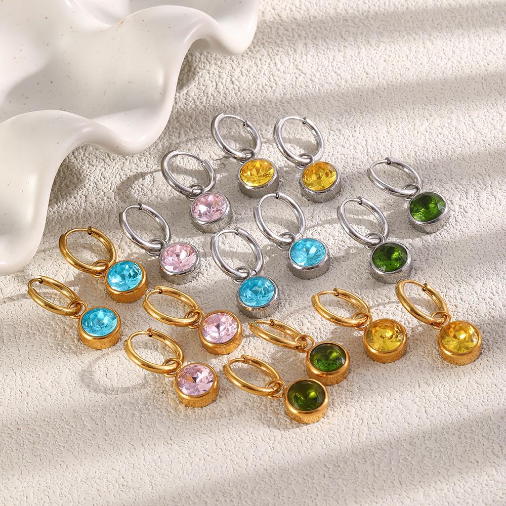 Exquisite 18K Gold-Plated French Earrings with Colorful Round Diamonds