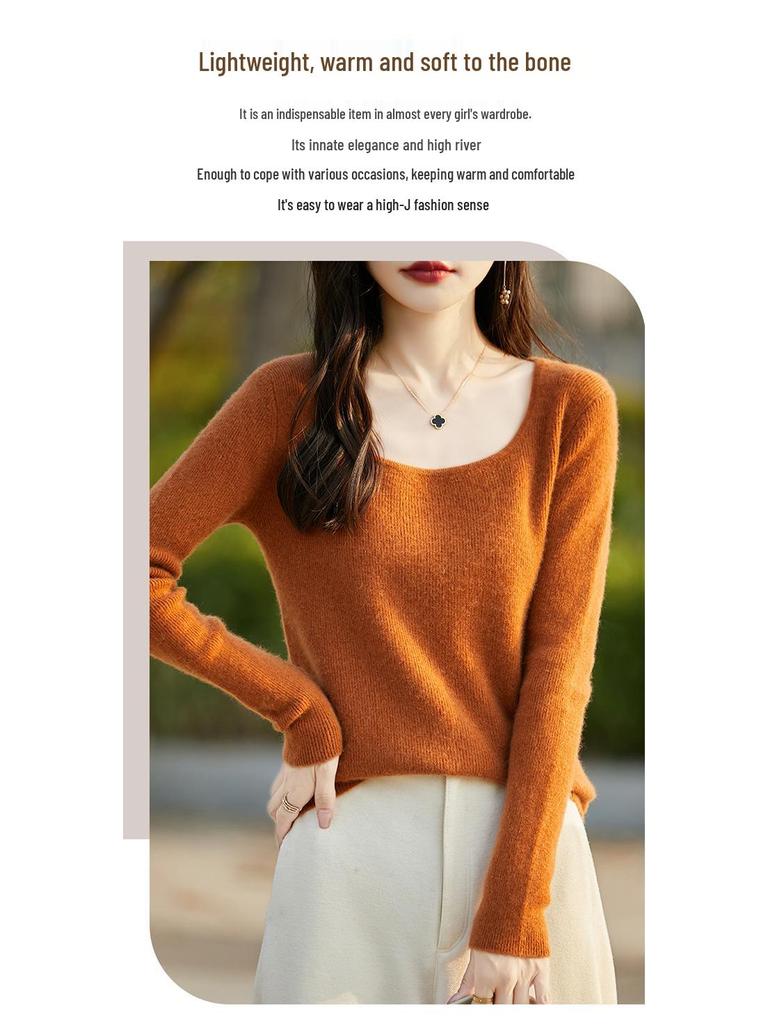 Slim Fit U-Neck Cashmere Sweater: Women's Elegant Spring/Autumn Knitwear Pullover