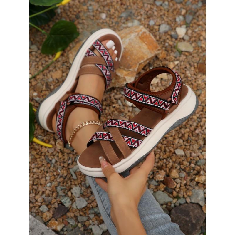 Women's New Summer Color-block Fashion Ethnic Style Light Beach Shoes Cross with Peep-toe Soft Platform Sandals