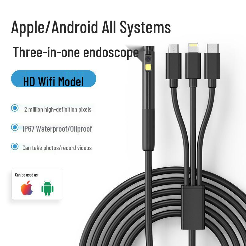 Waterproof HD Three-in-One Industrial Endoscope for Android & Apple Devices