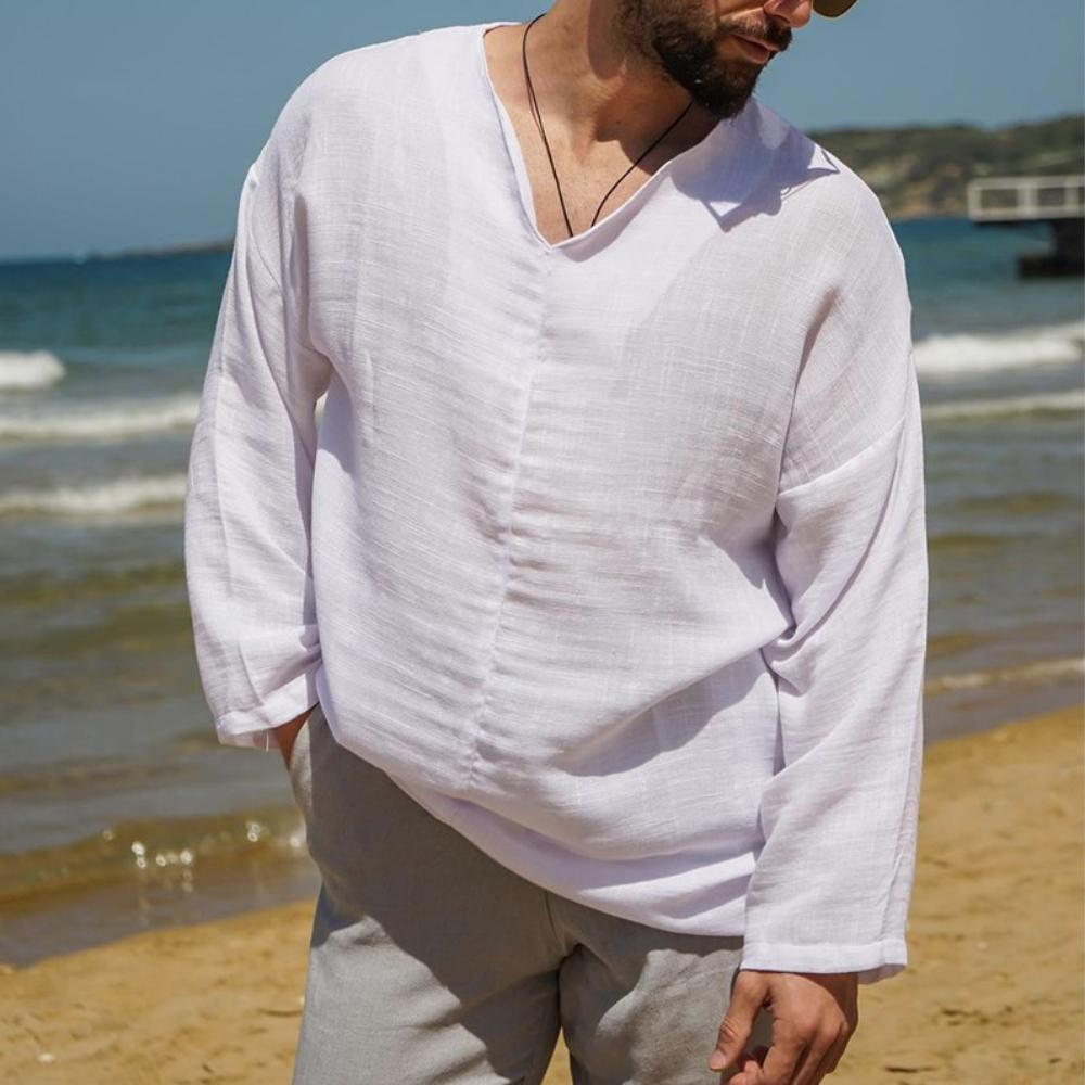 Men's Solid Color Long Sleeved Lazy Style V-neck Beach Cotton Linen Shirt