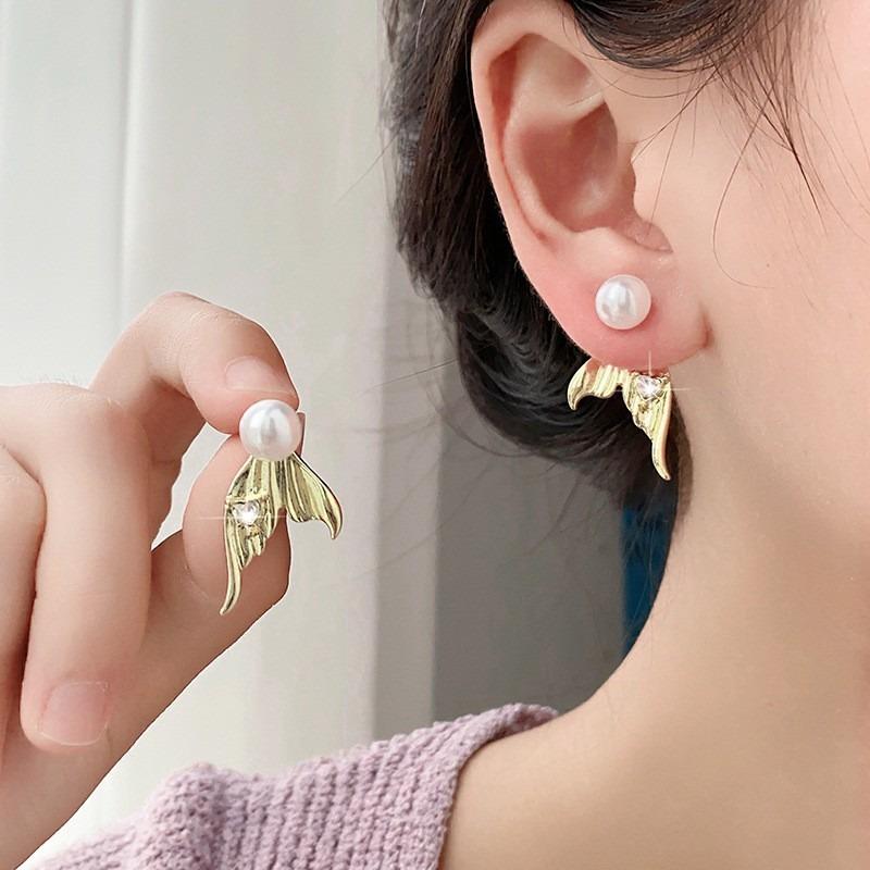 Boucle d'oreille clou Tendance Queue de Poisson Cœur Cristal Perle d'Imitation pour Femmes Tempérament Mignon Géométrie Bijou Cadeau