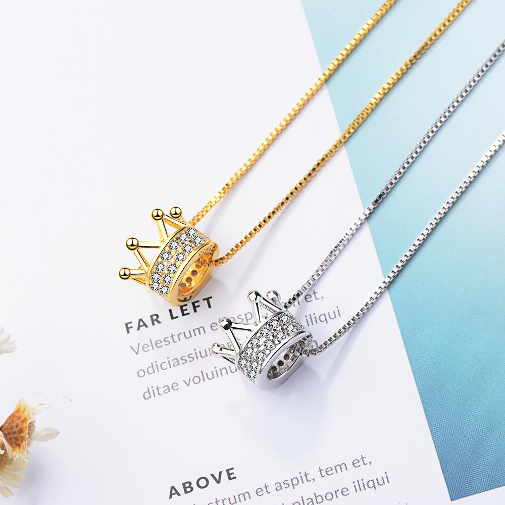 Unique Genuine Silver Color Princess Crown Clear CZ Pendant Silver/Golg Charms Necklaces Chain Fine  For Women