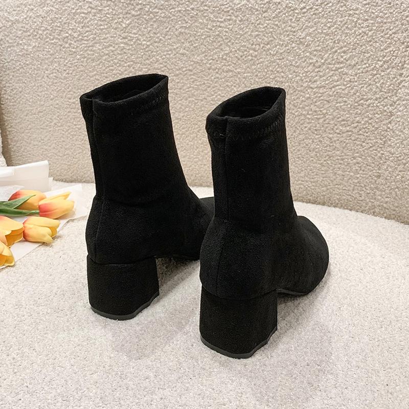 New pointed elastic skinny leg boots high heel boots comfortable thick heel thin short boots women
