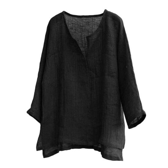 Men Casual Summer Solid Color Long Sleeve V Neck Slitting Hem Loose T-shirt Top