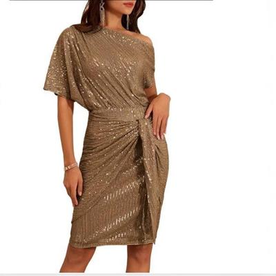 Women's One Shoulder Sequin Glitter Short Sleeve Party Dress