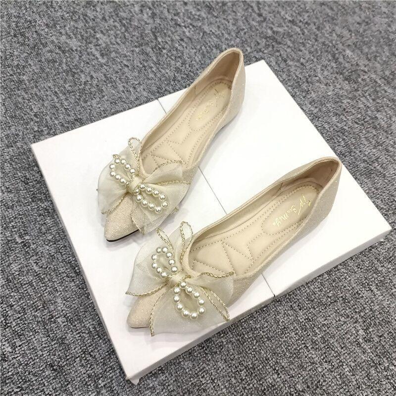 2025 New Bow Soft-soled Ladyshoes Pointed Head Shallow Mouth Fairy Flat-soled Single Shoes Femininity Bridesmaid Shoes