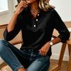 Women's Casual 3/4 Sleeve Patchwork Solid Color Polo Shirt Button Down Collar Lightweight Top