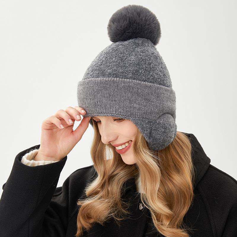 Winter Women's Warm Velvet Ear Protection Hat Solid Color Versatile Wool Ball Hoop Yarn Woolen Hat Outdoor Cold Proof Cycling Hat Trendy